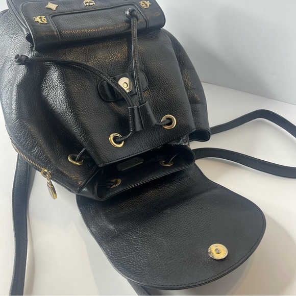 Mcm Black Calf Pebbled Leather Multi Gold Studded Flap Drawstring Backpack🖤 - Picture 12 of 16